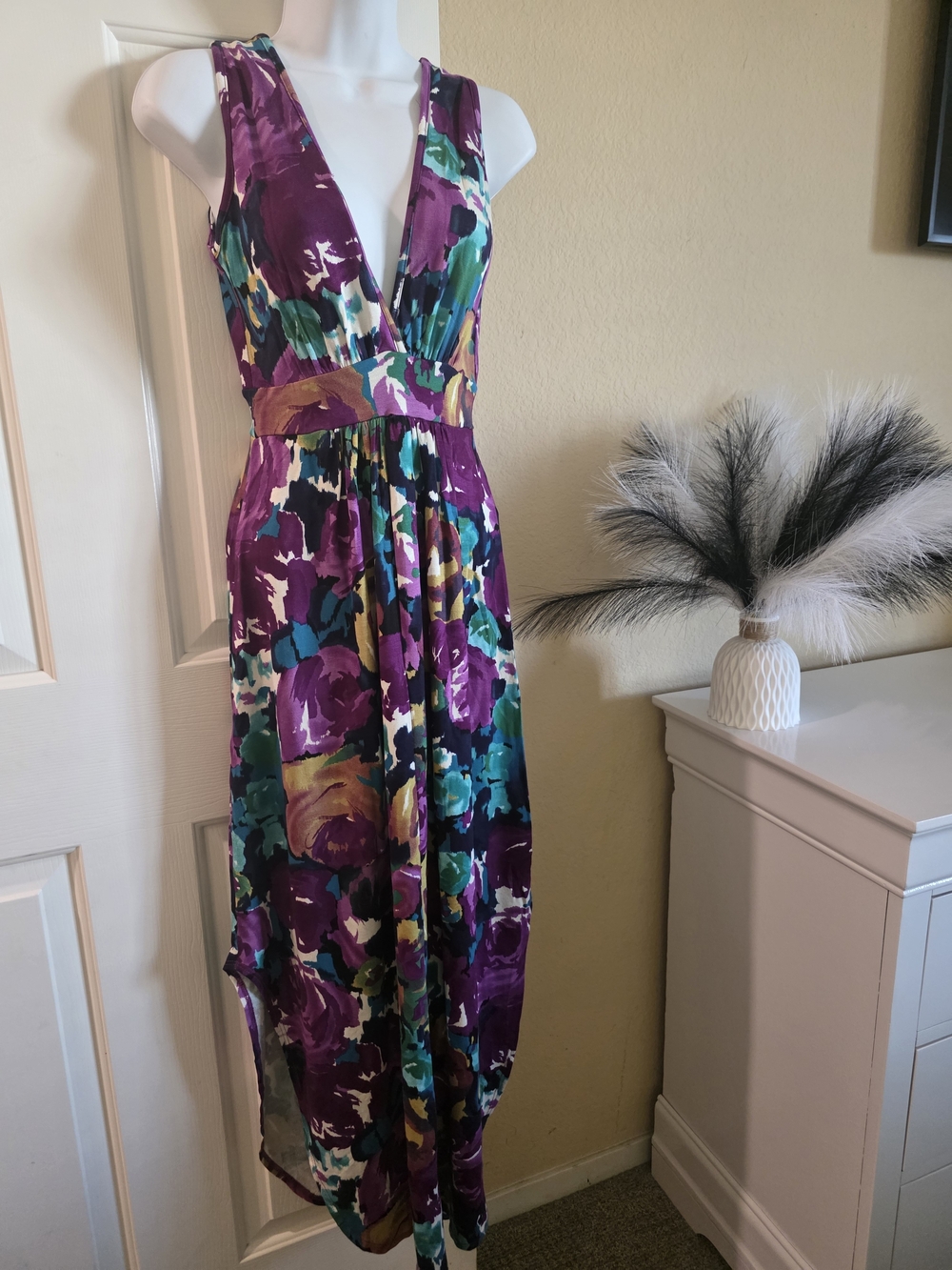 Floral V-Neck Maxi Dress in Purple & Teal